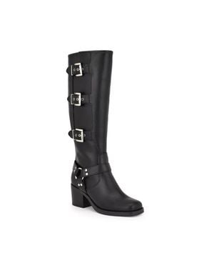 Nine West Karry Motorcycle Boots Faux Leather Knee High Lion293 - Black