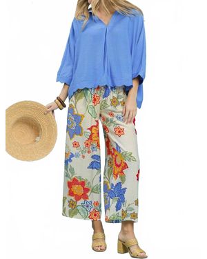 Umgee Floral Print Wide Leg Crop Pants - Blue