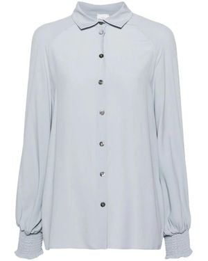 Eleventy Long Sleeve Smocked Cuffs Silk-Blend Shirt - Blue