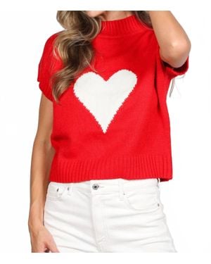 Vine & Love Heart Embellished Mock Neck Knitted Sweater - Red