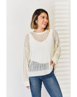 TRUEDAMES Openwork Ribbed Trim Long Sleeve Knit Top - White