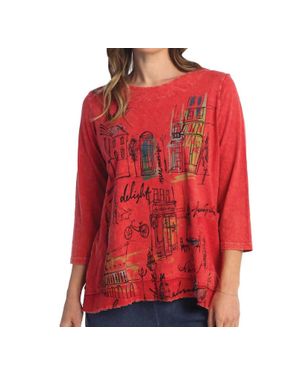 Jess & Jane Cityscape Mineral Washed Cotton Pocket Top - Red