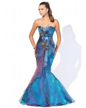 Blush Prom Iridescent Mermaid Dress With Feathers And Stones - Blue