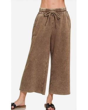 Zenana Acid Wash Fleece Palazzo Sweatpants - Brown