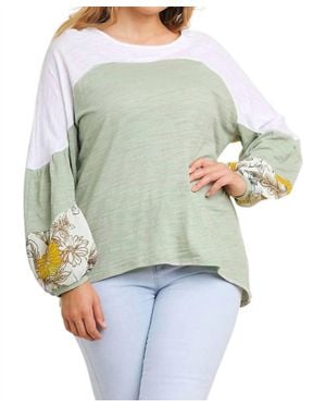 Umgee Leaf Puff Sleeve Colorblock Top - Gray