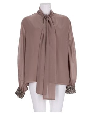 P.A.R.O.S.H. Flowing Beaded Cuff Tie-Neck Blouse - Brown