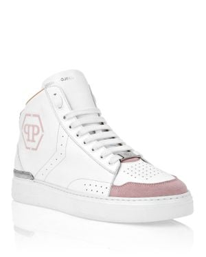Philipp Plein Leather Mid-Top Sneakers Hexagon - Natural