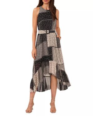 1.STATE Sleeveless Printed Belted High-Low Dress - Brown