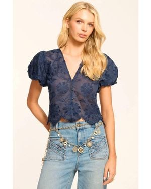 Ramy Brook Chrissie Embroidered Organza Short Sleeve Top - Blue
