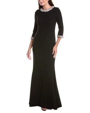 Teri Jon Crepe Elbow Sleeve Floral Jewel Trim Gown - Black