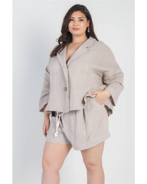 TRUEDAMES Plus Button-Up Collared Neck Blazer High Waist Shorts Set - Gray