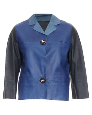 Marni Colorblocked Calf Leather Geometric Buttons Crop Jacket It40 S - Blue