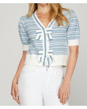 She + Sky Puff Sleeve Bow Cropped Cardigan - Blue