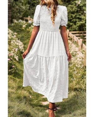 TRUEDAMES Pleated Tiered Solid Short Puff Sleeve A Line Dres - Green