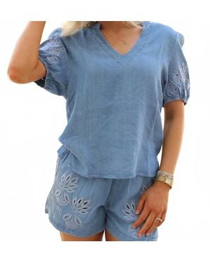 Elan Eyelet Sleeve Top - Blue