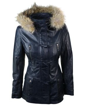 TruClothing Mid Length Hooded Leather Trench Coat - Blue