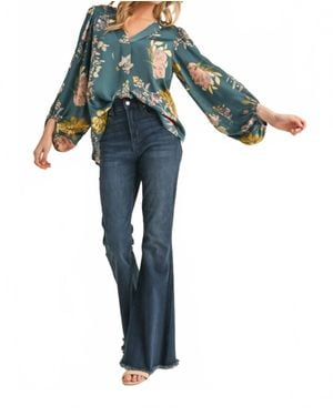 Jodifil Satin Floral Print Blouse With Bubble Sleeves - Blue