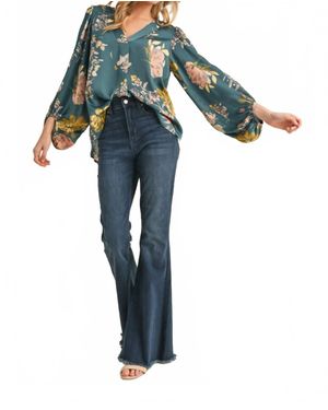 Jodifil Satin Floral Print Blouse With Bubble Sleeves - Blue