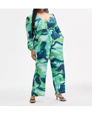 Nina Parker Trendy Long-Sleeve Ring-Detail Jumpsuit - Blue