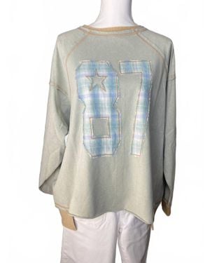 Easel Number Graphic Patch Washed Terry Pullover Top - Blue