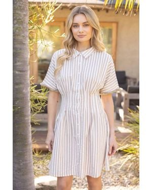 Voya Pleated Waist Striped Shirt Dress - Gray