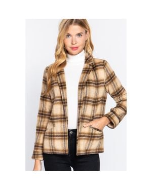 TRUEDAMES Notched Collar Plaid Jacket - Brown