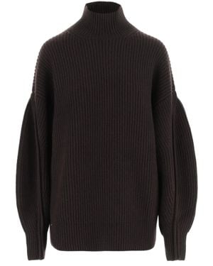 Carven Voluminous-Sleeve Ribbed Cashmere Turtleneck - Black