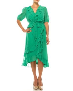 Maison Tara Ruffle Sleeve Hi-Lo Faux Wrap Midi Dress - Green