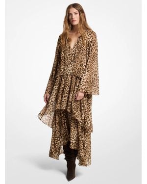 Michael Kors Leopard Print Georgette High-Low Dress - Natural