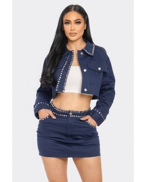 TRUEDAMES Embroidered Cropped Shirt Set - Blue