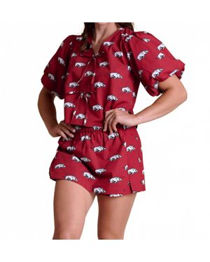 Stewart Simmons Game Day Puff Sleeve Tie Top - Red