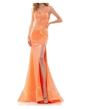 Colors Dress Sequin Lace High Slit Mermaid Gown - Orange