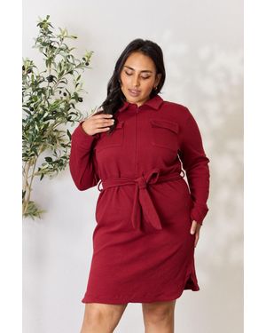 TRUEDAMES Culture Code Full Size Tie Front Half Zip Long Sleeve Shirt Dress - Red