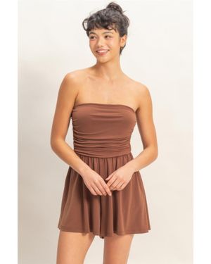 TRUEDAMES Strapless Shirred Waist Stretch Romper With Side Pockets - Metallic