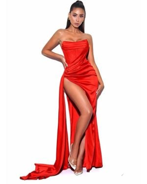 Miss Circle Satin Crystalized Strapless Formal Gown With High Slit - Red