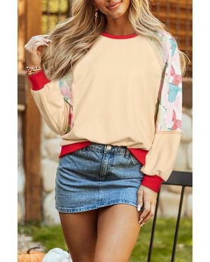 TRUEDAMES Bowknot Printed Patchwork Raglan Sleeve Colorblock Edge Top - Blue