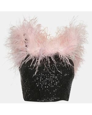 Self-Portrait Sequin Feather Off Shoulder Crop Top - Pink
