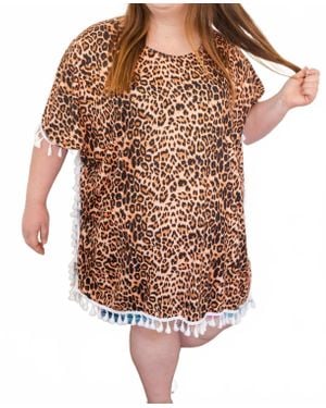 Shirley Stone Leopard Fringe Caftan Top - Brown