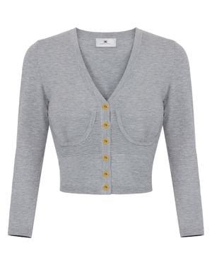 Elisabetta Franchi Cropped Ribbed V-Neck Knit Sweater - Gray