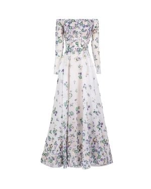 Saiid Kobeisy Tulle Beaded Dress With Off-Shoulder Sleeves - White