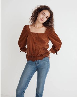 Madewell Top Corduroy Embroidered Eyelet Tie Sleeve Erk977 - Blue