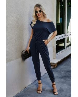TRUEDAMES Solid Slant Shoulder Short Sleeve Jumpsuit - Blue