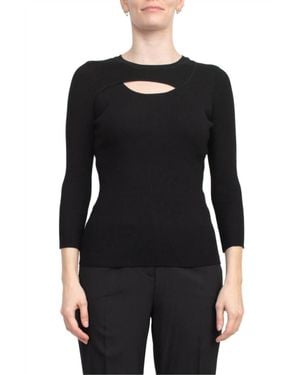 Joan Vass 3/4 Sleeve Ribbed Pullover Cutout Chest Detail Knit Top - Black