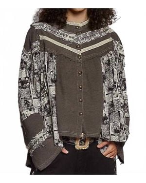 Pol High Neck Printed Contrast Stud Shirt Top - Black
