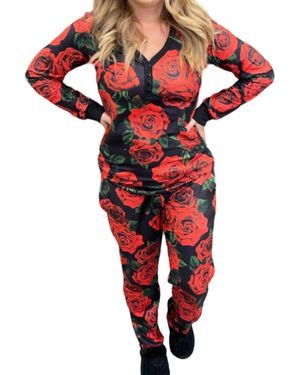 Shirley Stone Rose Pajama Set - Red