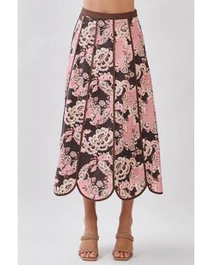 TCEC Floral Print Scalloped Hem Paneled Midi Skirt - Pink