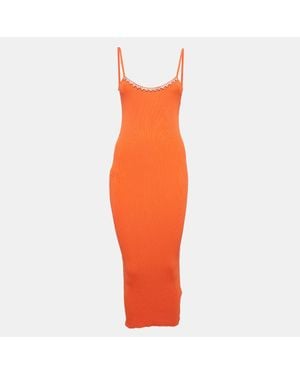 Area Rib Knit Crystal Embellished Midi Dress - Orange