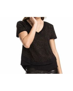 Chrldr All Over Studs- Mock Layer V-Neck T-Shirt - Black