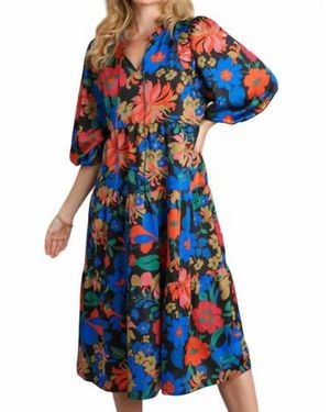 Umgee Floral Babydoll Midi Dress - Blue