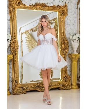 DQ Dress With Off-Shoulder Design, Sheer Corset Bodice, Embroidered Lace Applique, And Layered Tulle Skirt - Metallic